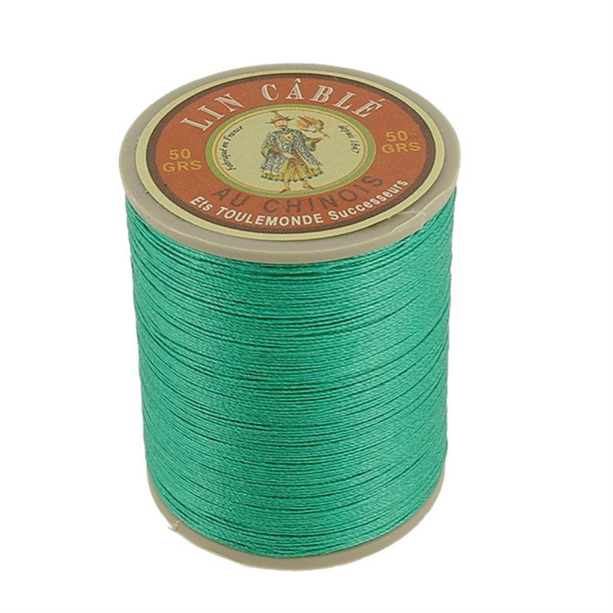 Bobine de 250m de fil de lin câblé glacé AU CHINOIS, couleur vert gazon, utilisé en mercerie pour couture et broderie.