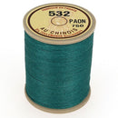 Bobine de 250m de fil de lin câblé glacé AU CHINOIS, couleur paon, pour mercerie, vue de la bobine en gros plan.