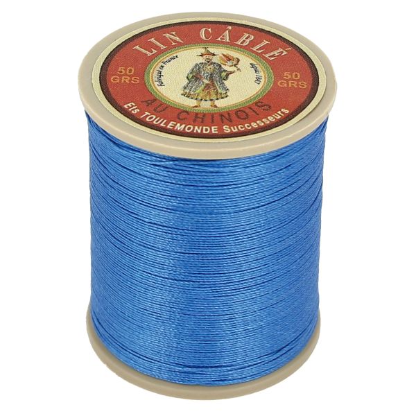 Bobine de 375m de fil de lin câblé glacé AU CHINOIS en bleu roy, vue arrière, pour mercerie et couture.