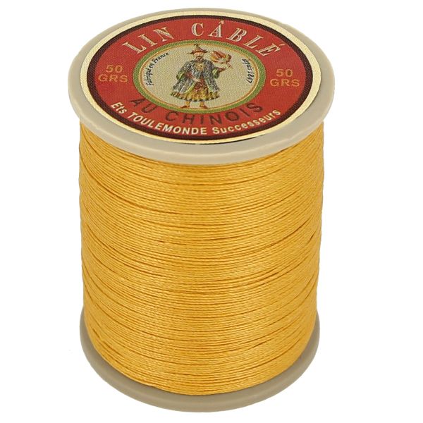 Bobine de 250m de fil de lin câblé glacé AU CHINOIS, couleur jaune 532, vue verso, mercerie de haute qualité.