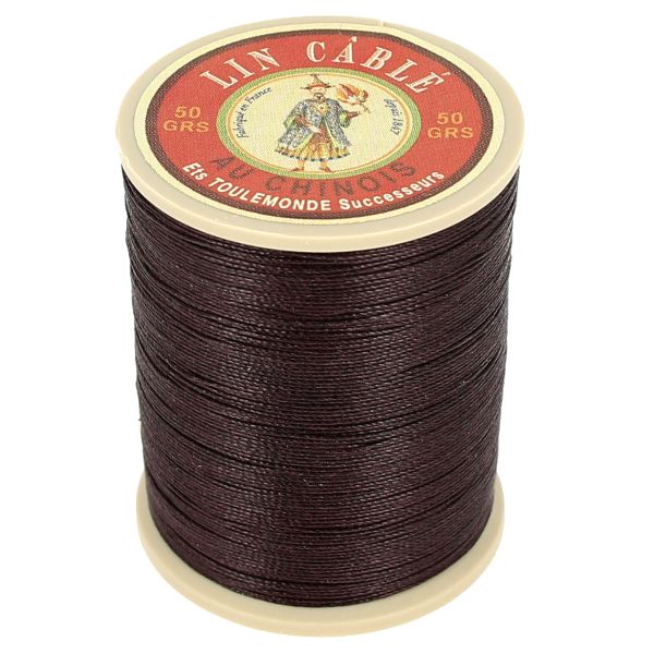 Bobine de 133m de fil de lin câblé glacé de la marque Fil au Chinois, vue du verso, couleur 332 Terre 369.