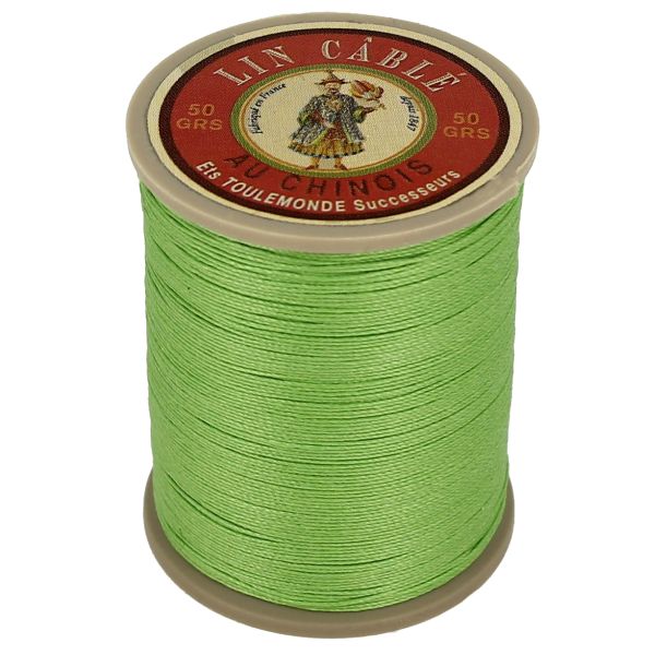 Bobine de 250m de fil de lin câblé glacé Vert clair 532 de la marque Fil au Chinois, vue verso.