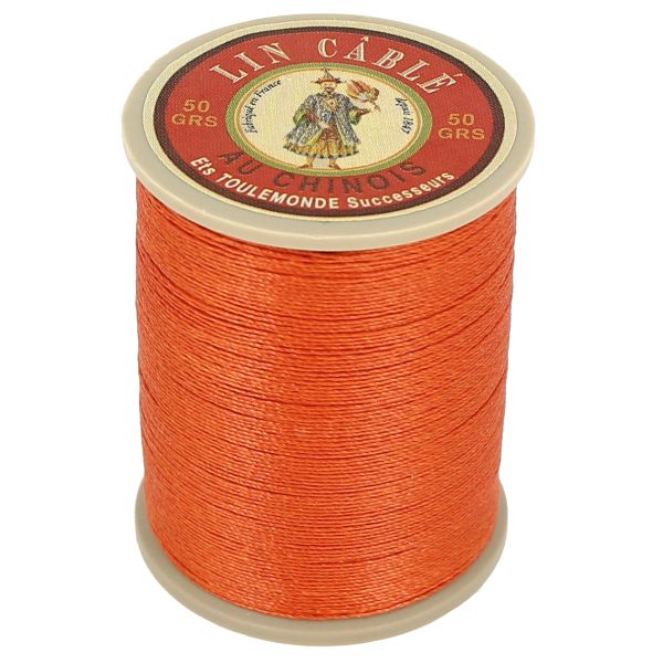 Bobine de 375m de fil de lin câblé glacé AU CHINOIS en orange 832, vue verso, pour mercerie et broderie.