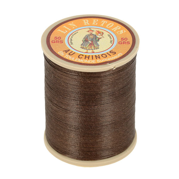 Bobine de 266m de fil de lin AU CHINOIS, mercerie, retors extra glacé n°24, fil marron foncé pour couture et broderie