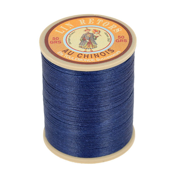 Bobine de 266m de fil de lin AU CHINOIS n°24, fil de mercerie retors extra glacé, couleur bleu royal, pour couture et broderie.