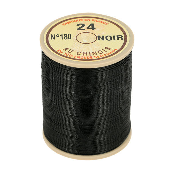 Bobine de 266m de fil de lin AU CHINOIS n°24, fil de mercerie retors et glacé, noir, pour couture et broderie.