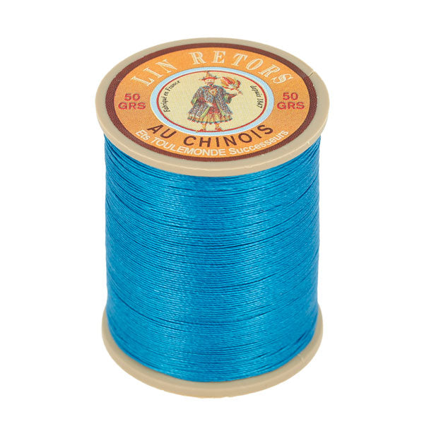 Fil au Chinois, bobine de 266m de fil de lin retors extra glacé n°24 en bleu azur, mercerie pour couture et broderie