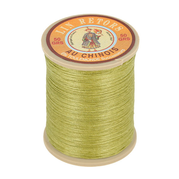 Fil de lin AU CHINOIS n°24, mercerie, 266m, fil retors extra glacé, vert bronze, visible en bobine durable et fine.