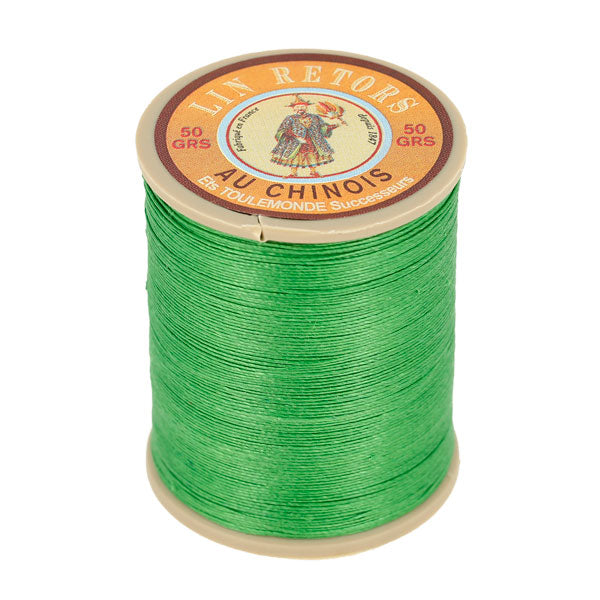 Bobine de 266m de fil de lin AU CHINOIS n°24, mercerie, fil retors extra glacé, vert vif, vue de face
