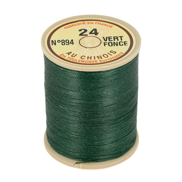 Bobine de 266m de fil de lin AU CHINOIS n°24, mercerie, fil retors extra glacé vert foncé, pour couture et broderie.