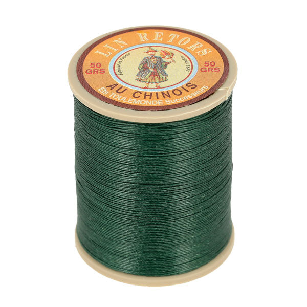 Bobine de 266m de fil de lin AU CHINOIS, mercerie, n°24, fil retors extra glacé, couleur vert foncé.