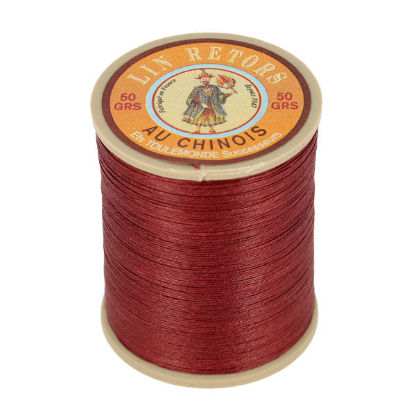 Bobine de 350m de fil de lin AU CHINOIS retors extra glacé n°40, mercerie, couleur grenat.