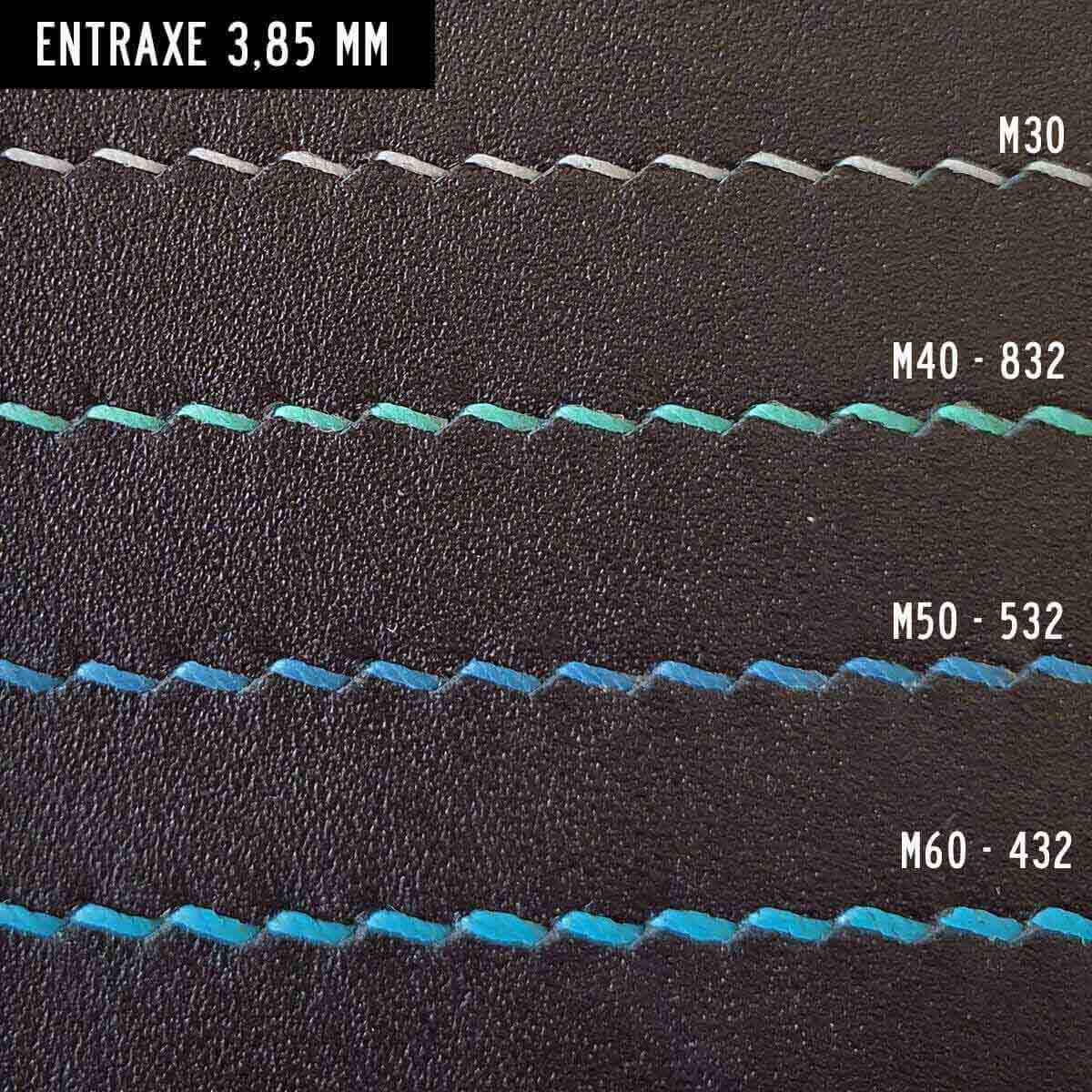 Trois griffes à frapper de précision Deco Cuir pour outils de cuir, en acier, alignées côte à côte sur une surface.
