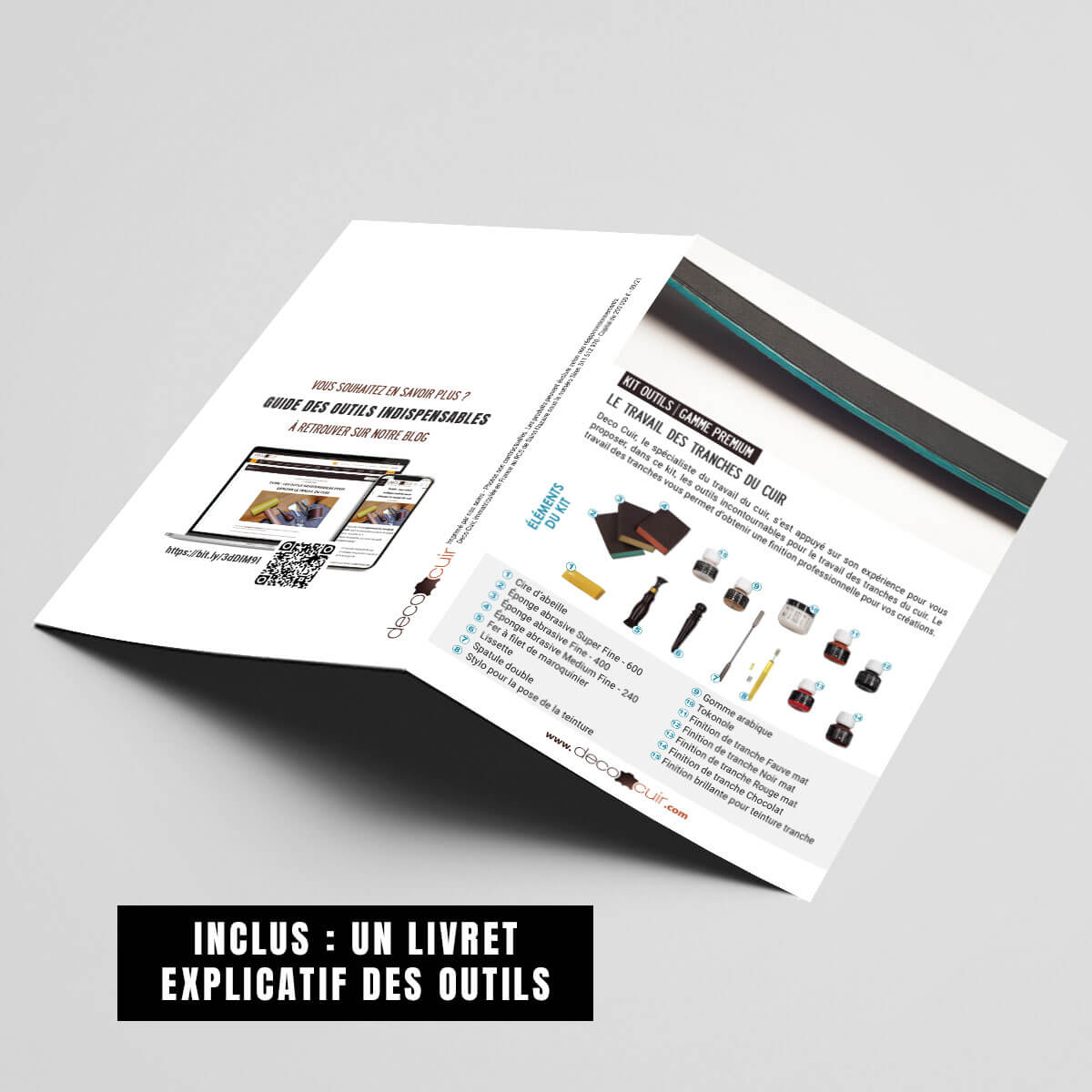 Kit d’outils Deco Cuir pour le travail des tranches, comprenant des outils pour la teinture et la finition du cuir.