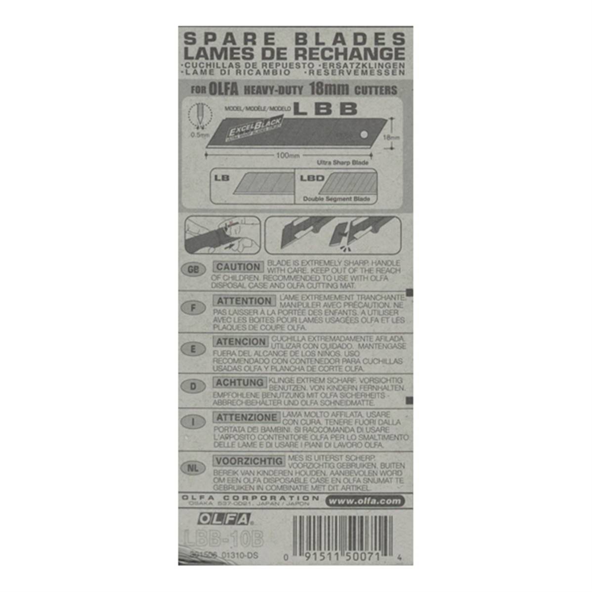 Lot de 10 lames de rechange pour cutter Olfa 18mm, qualité EXCEL BLACK, visibles avec lame en acier noir dans l'image.