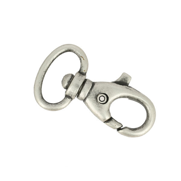 Mousqueton tournant en bouclerie, métal argenté avec boucle pivotante, utilisé pour la fixation ou l'attache.