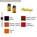 Nuancier de teintures Fiebing's Antique Leather Stain noir pour cuir, présentant différentes nuances de teinture pour cuir.