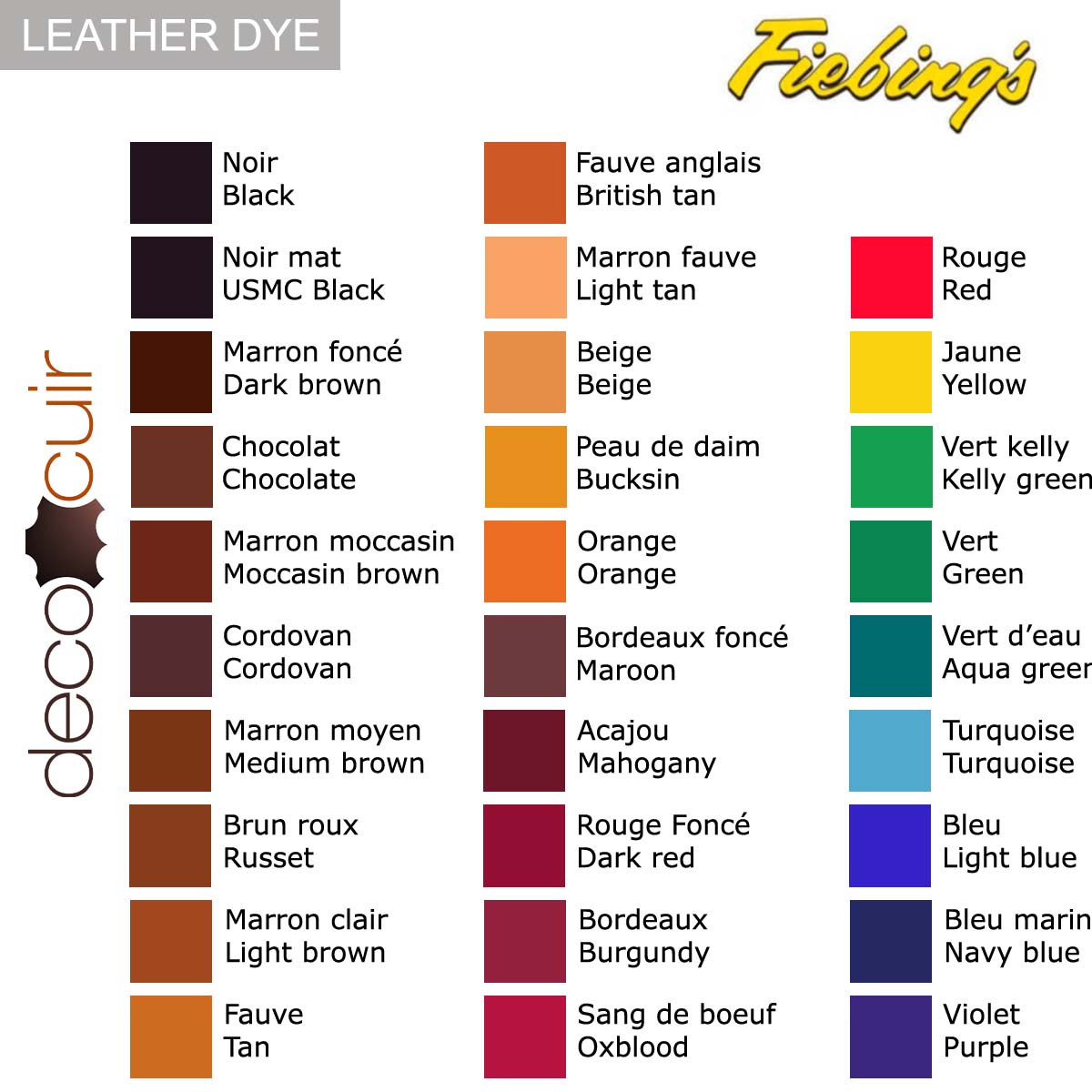 Nuancier de teintures pour cuir Fiebing's Leather Dye, couleur Bordeaux/Burgundy, montrant différentes nuances de teinture pour cuir.