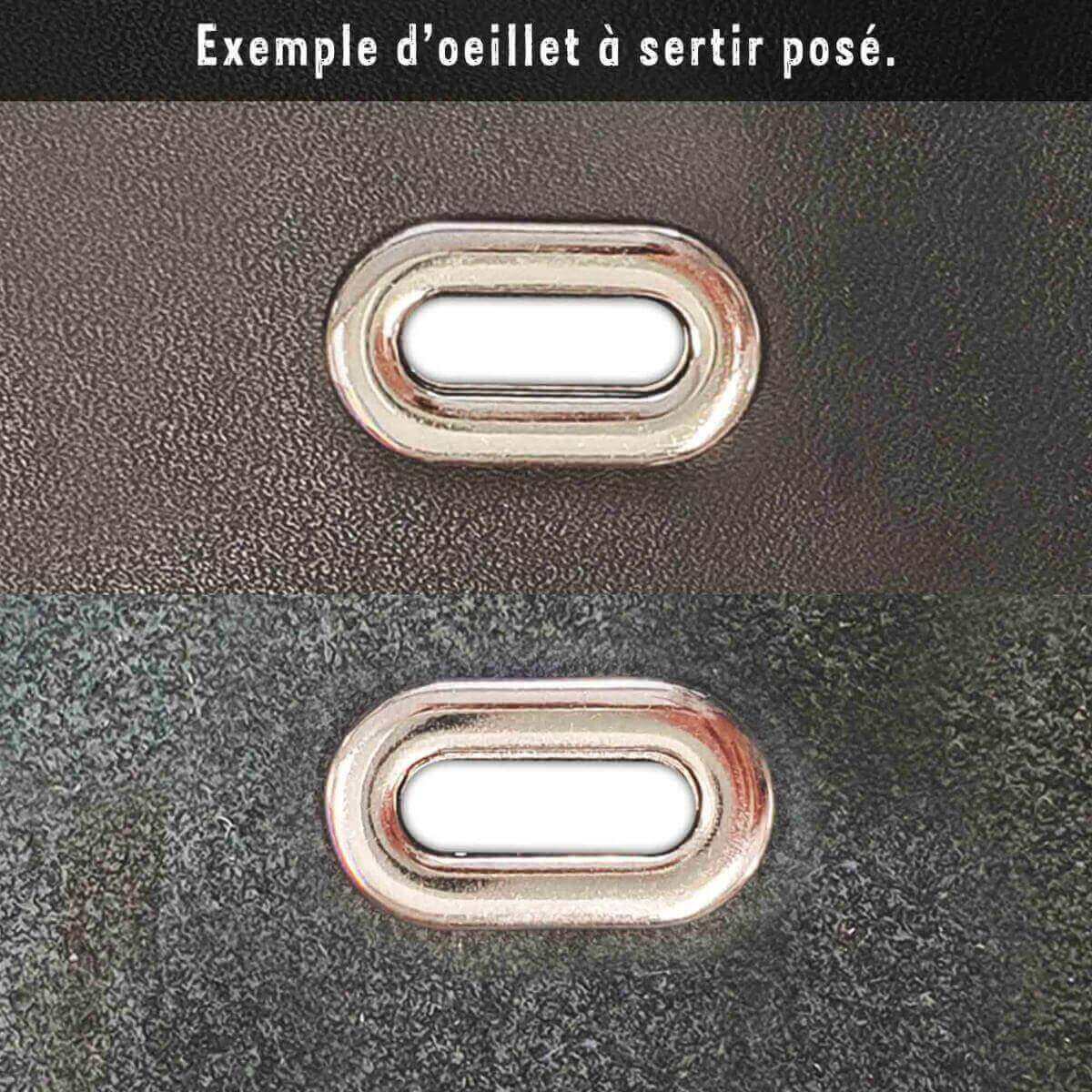 Oeillet ovale à sertir NICKELE, 20x6,5 mm, accessoire pour bijoux, visible en pose et en gros plan.