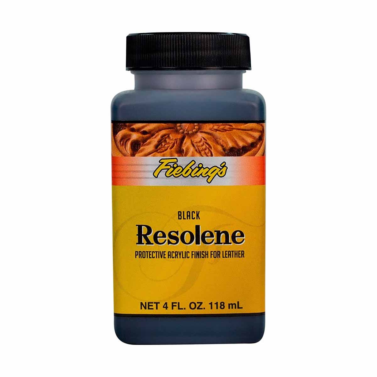 Vernis pour cuir Fiebing's acrylic Resolene noir 118ml, finition protectrice pour cuir, visible dans le flacon.