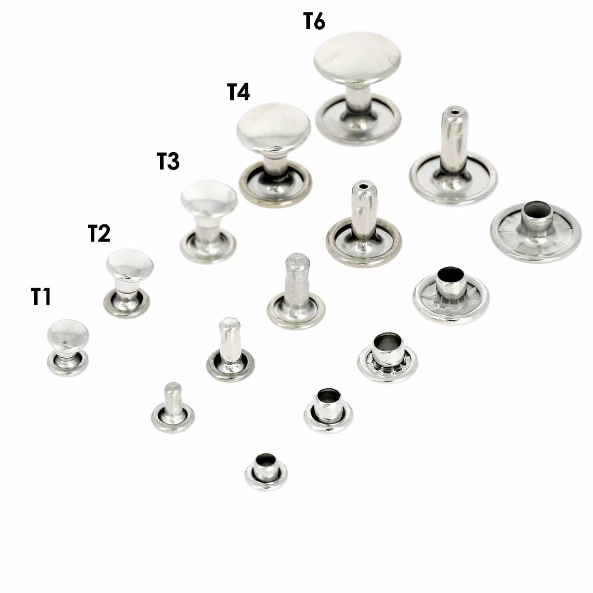 Lot de petits rivets double calotte en laiton nickelé pour accessoires de maroquinerie, par Deco Cuir.