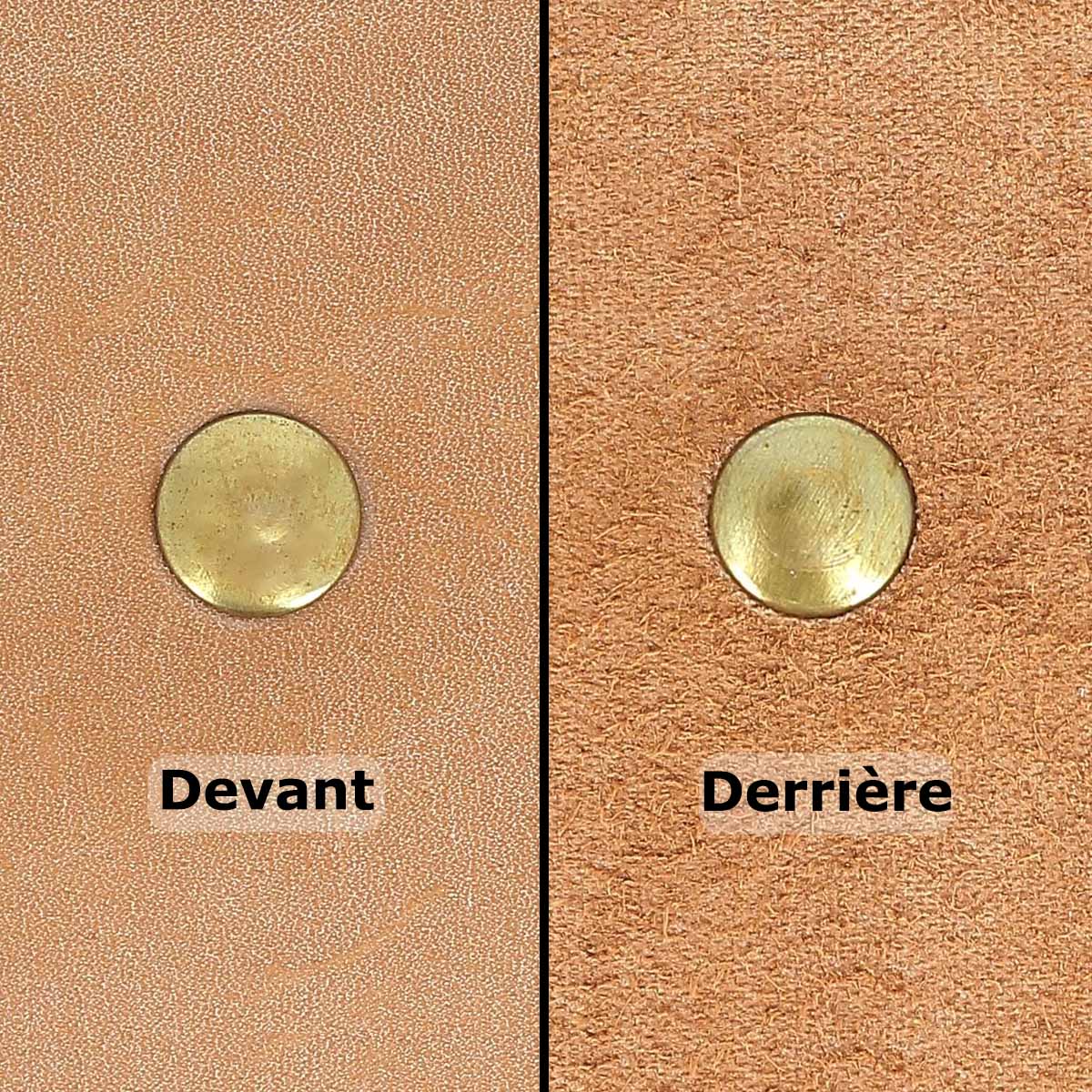 Rivets double calotte en laiton Deco Cuir, très petits, pour accessoires et travaux de maroquinerie, en gros plan.