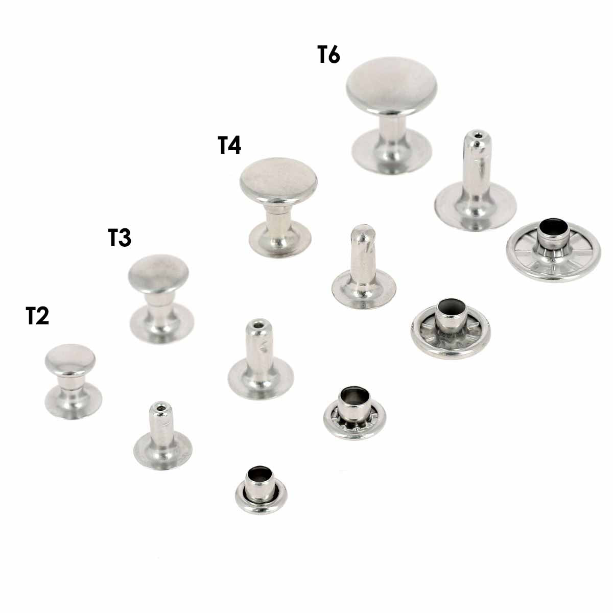 Rivets moyens en laiton avec calotte simple, finition nickelée, accessoires pour cuir de la marque Deco Cuir.
