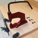 Presse d'établi N4 Deco Cuir avec socle en bois et trois jeux de pose, outil robuste pour travaux de bricolage.