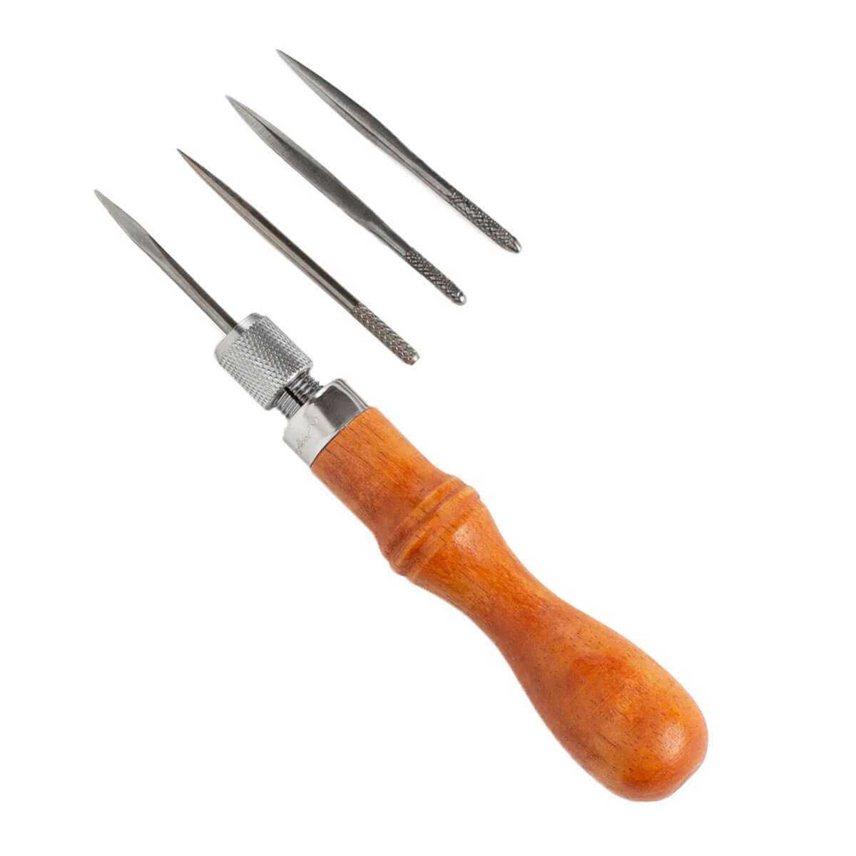 Lot de 4 lames d'alènes Tandy Leather avec manche à vis, outils pour cuir, visibles dans l'image.