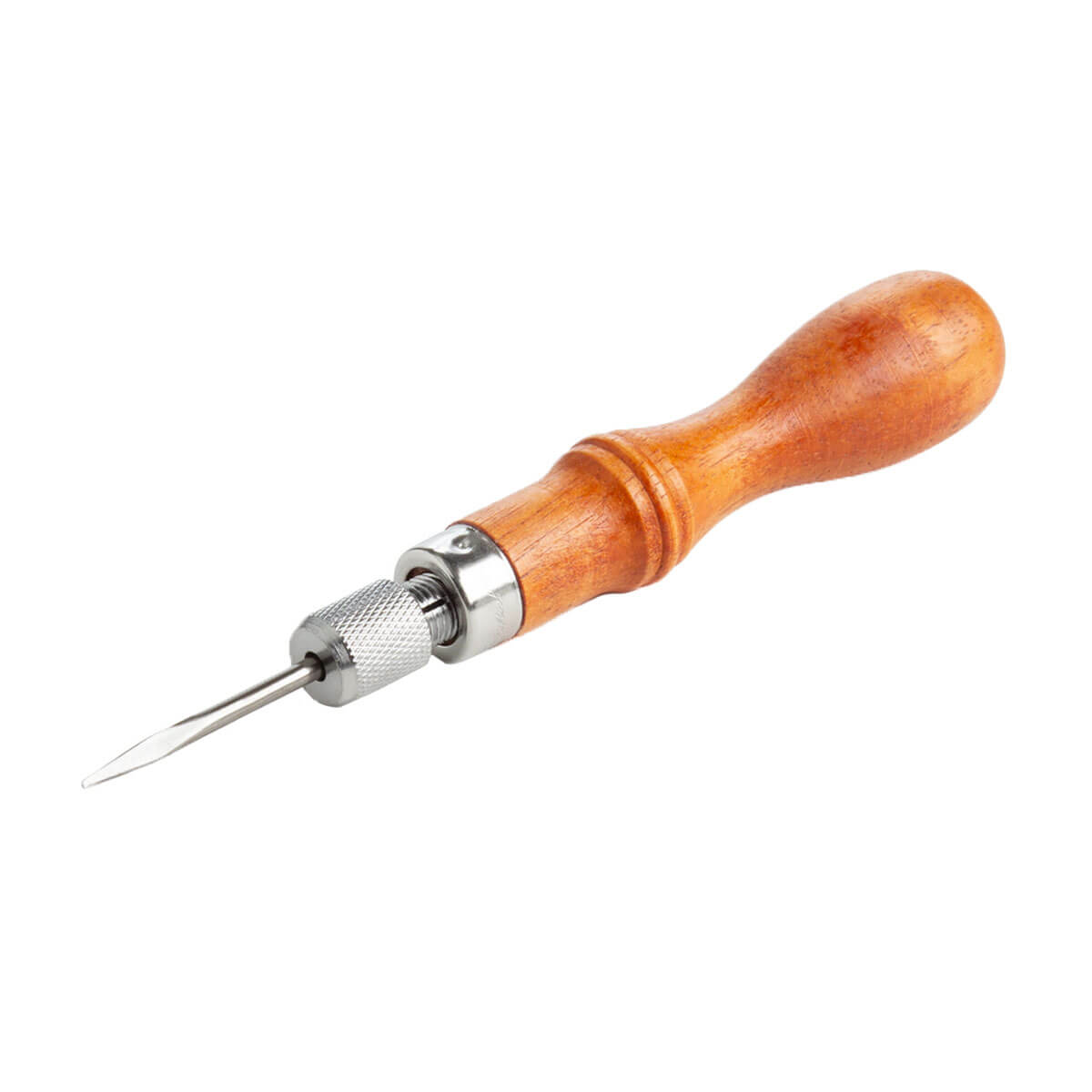 Lot de 4 lames d'alènes Tandy Leather avec manche à vis, outils pour cuir, visibles avec poignées en bois.