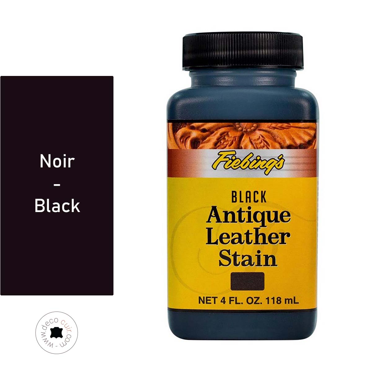 Teinture Fiebing's Antique Leather Stain noir pour cuir, flacon de 118 ml, application sur surface en cuir.
