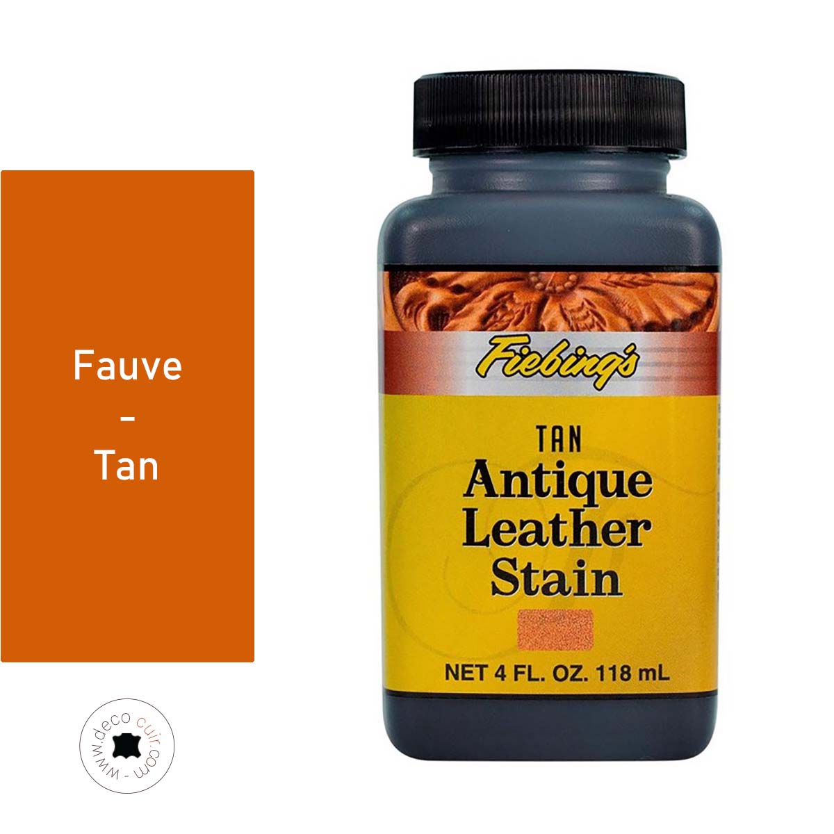 Teinture Fiebing's Antique Leather Stain FAUVE pour cuir, bouteille de 118ml, application sur cuir tanné, finition antique.