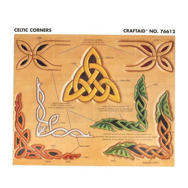 Outil de transfert de motifs en forme de coins celtiques pour cuir, marque Tandy Leather, image montrant le calque réutilisable.