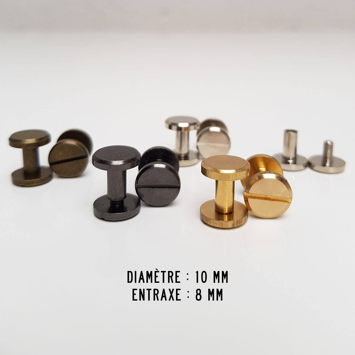 Vis Chicago Deco Cuir, lot de vis de 10mm de diamètre et 8mm d'entraxe pour accessoires en cuir.